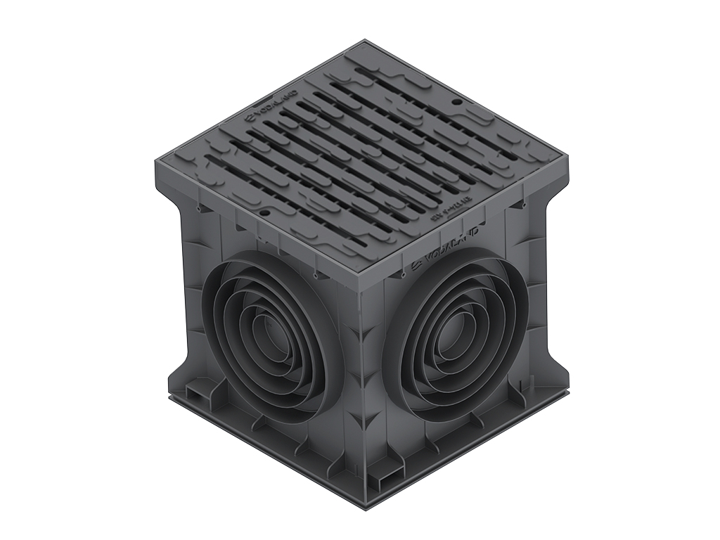 Пластиковый дождеприемник BASE 400X400, черный, с корзиной и гидрозатвором и выпусками D75-110-160-200-250 мм, класс нагрузки C250